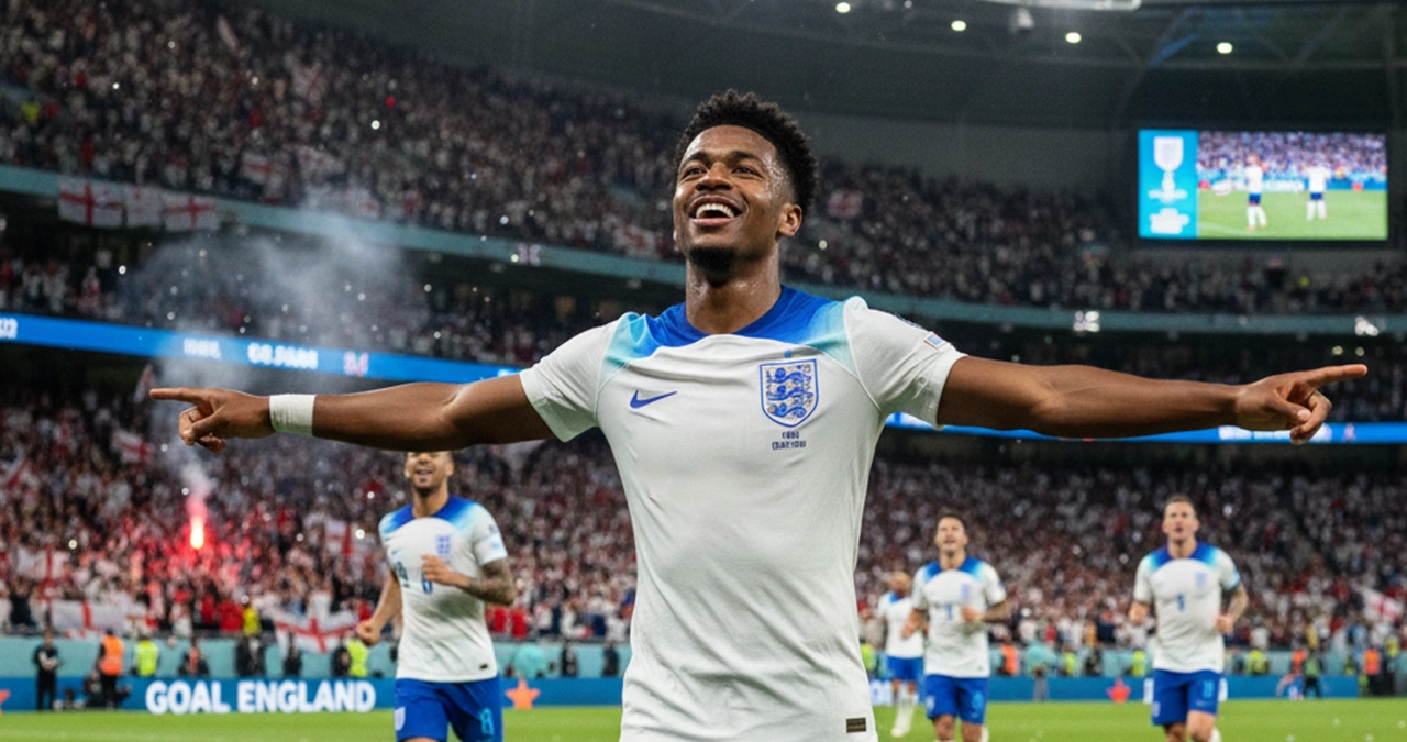 Bukayo Saka viert een doelpunt voor het Engelse elftal