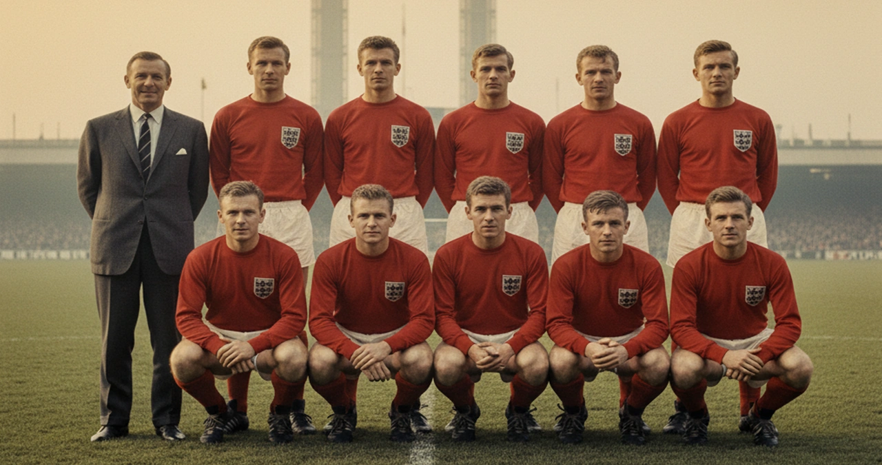 Het Engelse elftal van 1966 met bondscoach Alf Ramsey
