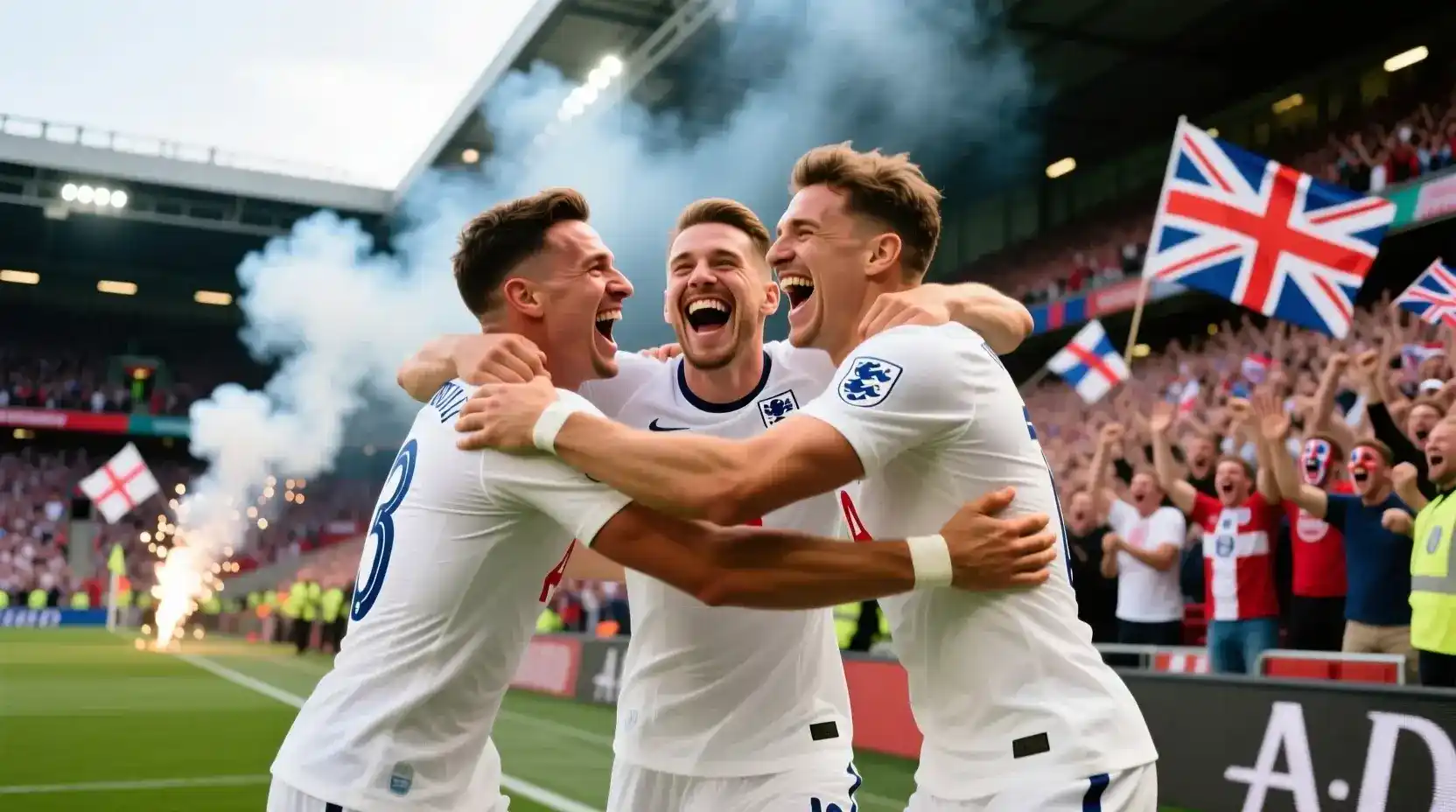 Engeland aanvallers vieren doelpunt samen