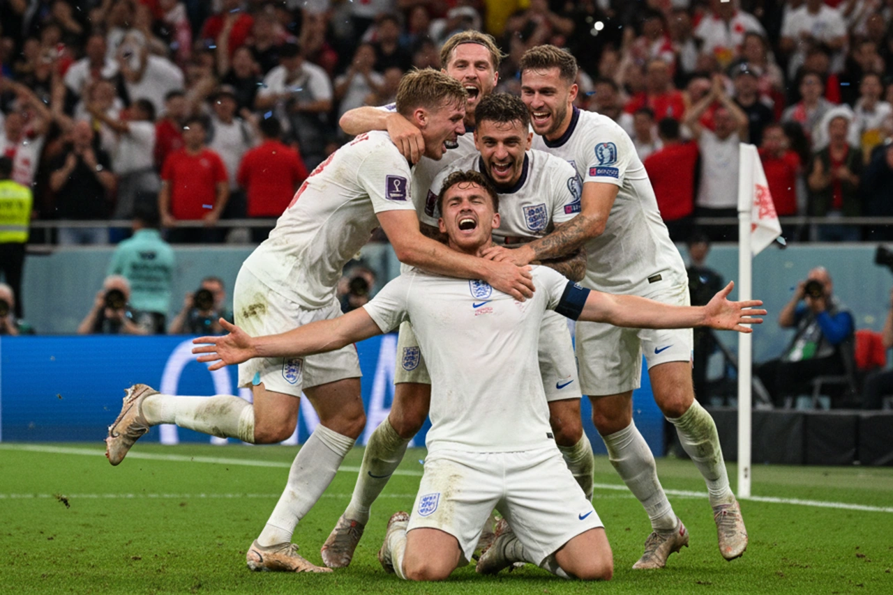Engels voetbalteam viert een late goal tijdens een belangrijke wedstrijd