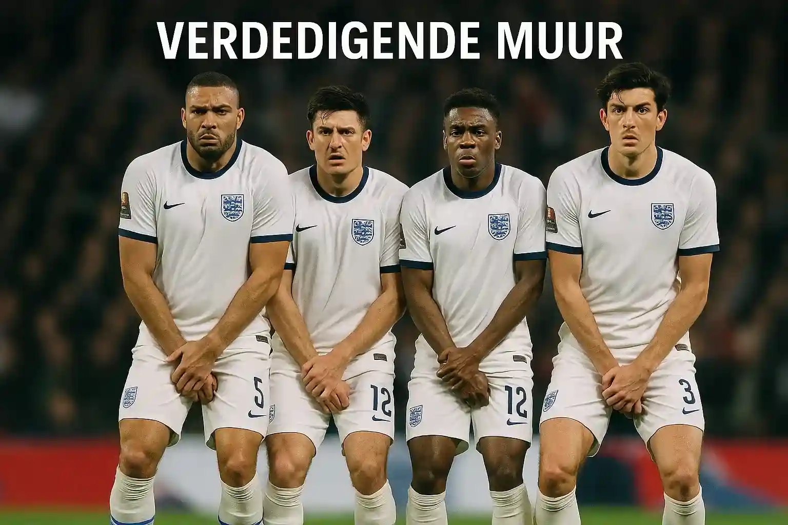Engeland verdedigers vormen defensieve muur tijdens vrije trap