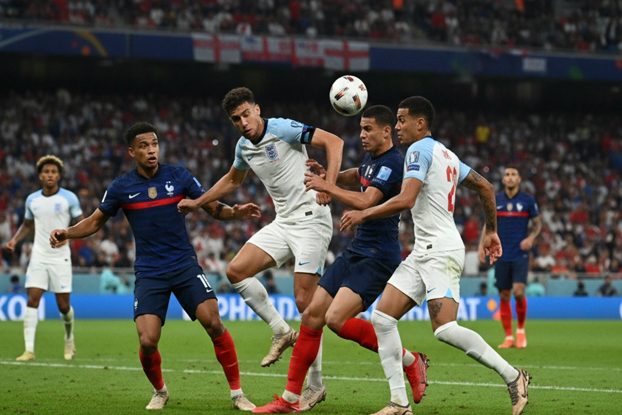 Intense actie tijdens de WK 2022 kwartfinale tussen Engeland en Frankrijk