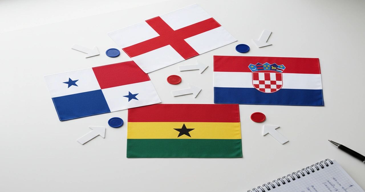 Tactisch overzicht met vlaggen van Engeland, Kroatië, Ghana en Panama