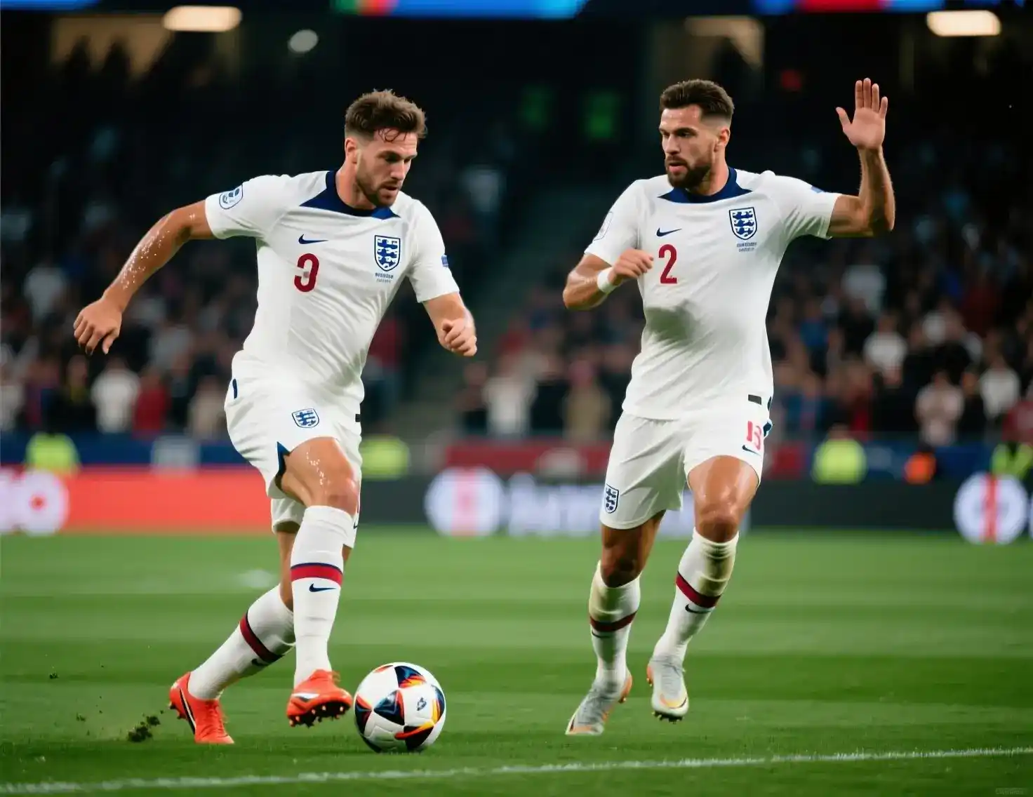 Engeland middenvelders in actie tijdens internationale wedstrijd