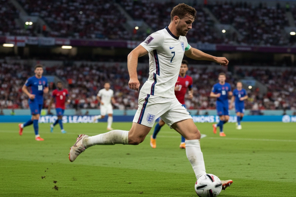 Engels voetballer in actie tijdens een Nations League wedstrijd