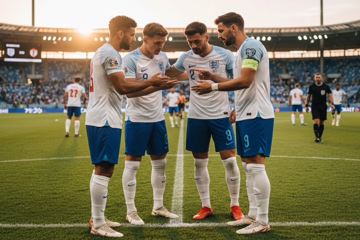 Engelse voetballers bespreken tactiek tijdens een Nations League wedstrijd