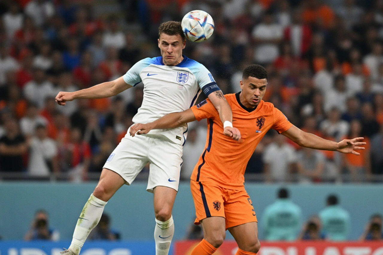 Spelers van Engeland en Nederland in een duel tijdens een toernooiwedstrijd