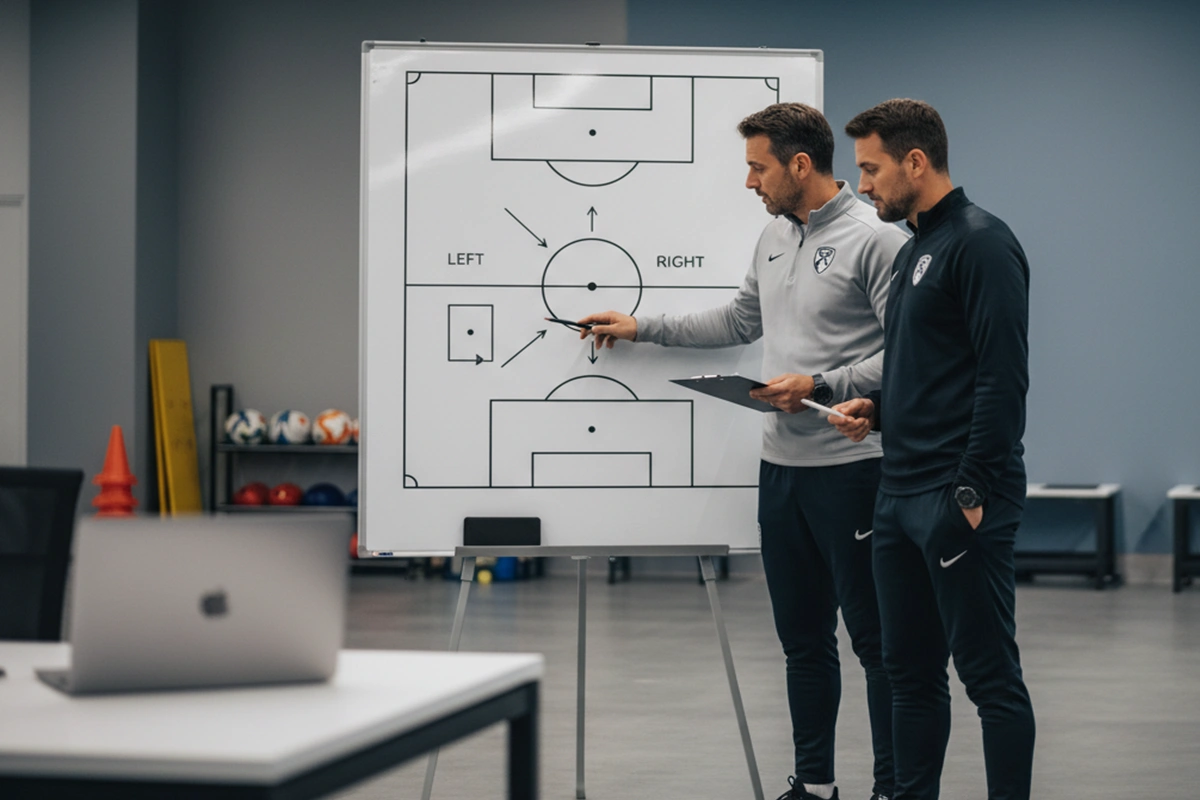 Voetbalcoaches analyseren penaltydata op een tactisch bord