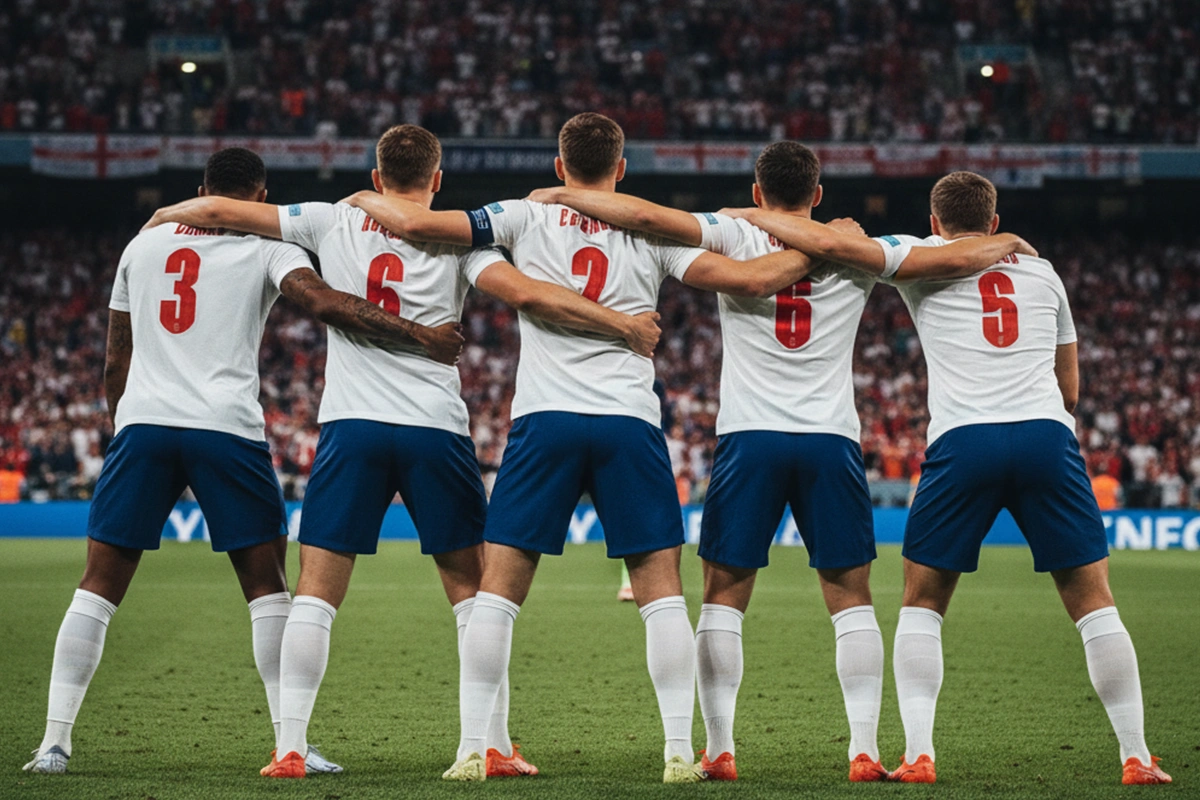 Engelse verdedigers in defensieve formatie tijdens het EK 2024
