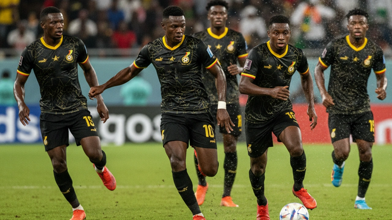 Afrikaanse voetballers in nationale teamkleuren tijdens een internationale wedstrijd