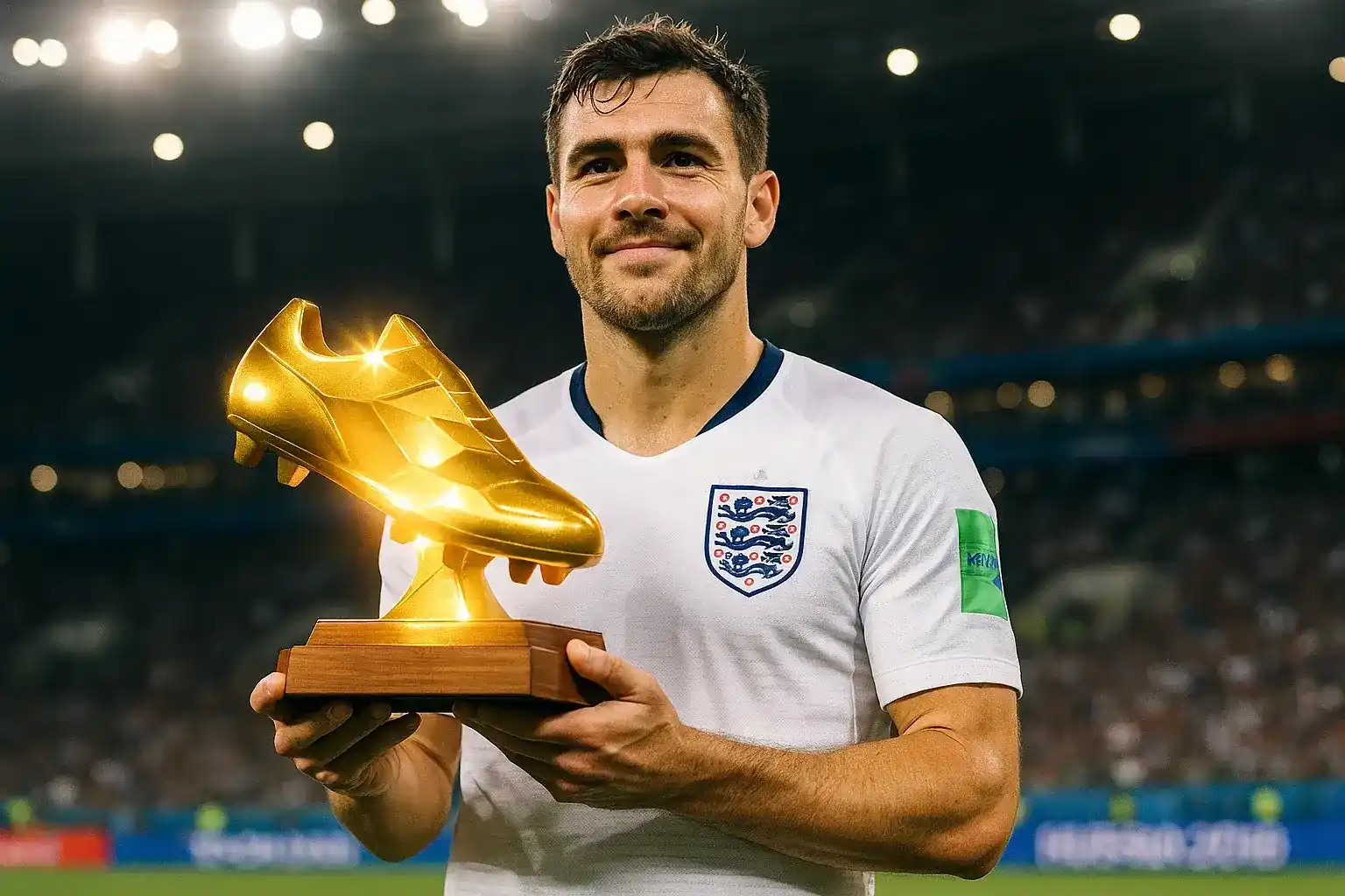 Harry Kane met de Gouden Schoen trofee op het WK 2018 in Rusland
