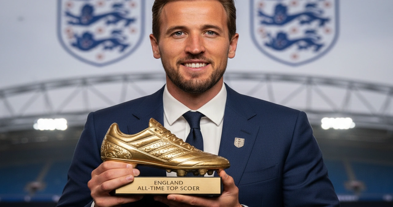 Harry Kane met de Engelse topscorerstrofee naast statistiekoverzicht