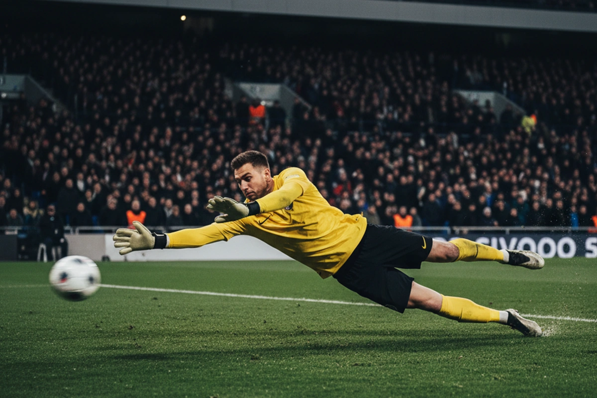 Keeper Jordan Pickford duikt naar een strafschop tijdens een belangrijke wedstrijd