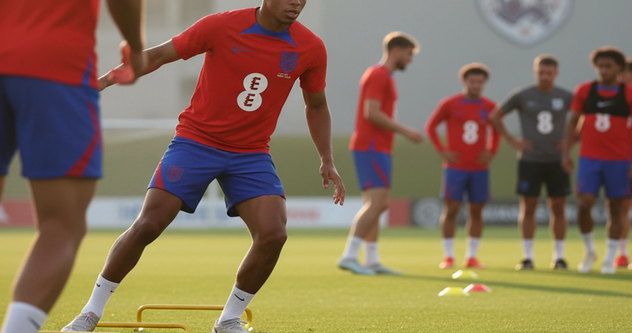 Jude Bellingham tijdens een tactische training met het Engelse elftal