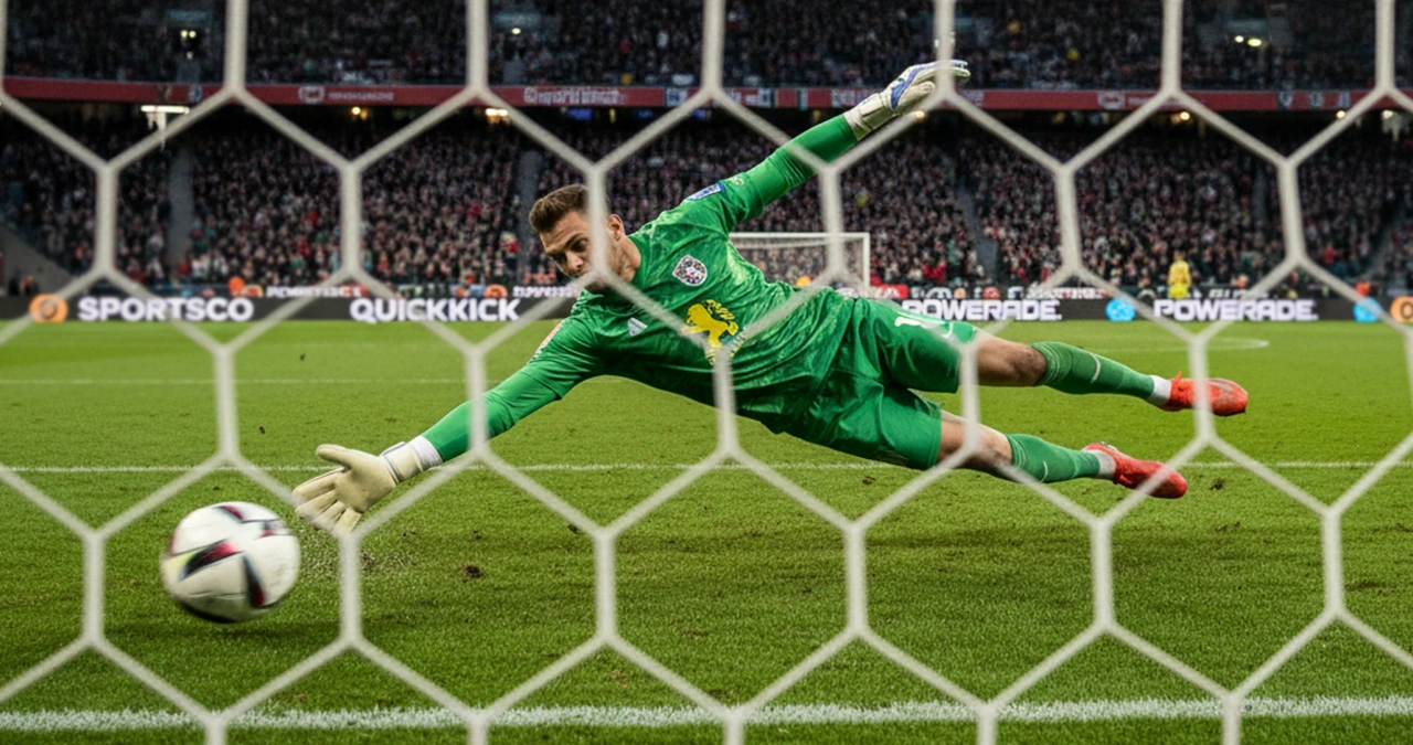 Jordan Pickford duikt naar de hoek om een penalty te stoppen tijdens een penaltyserie