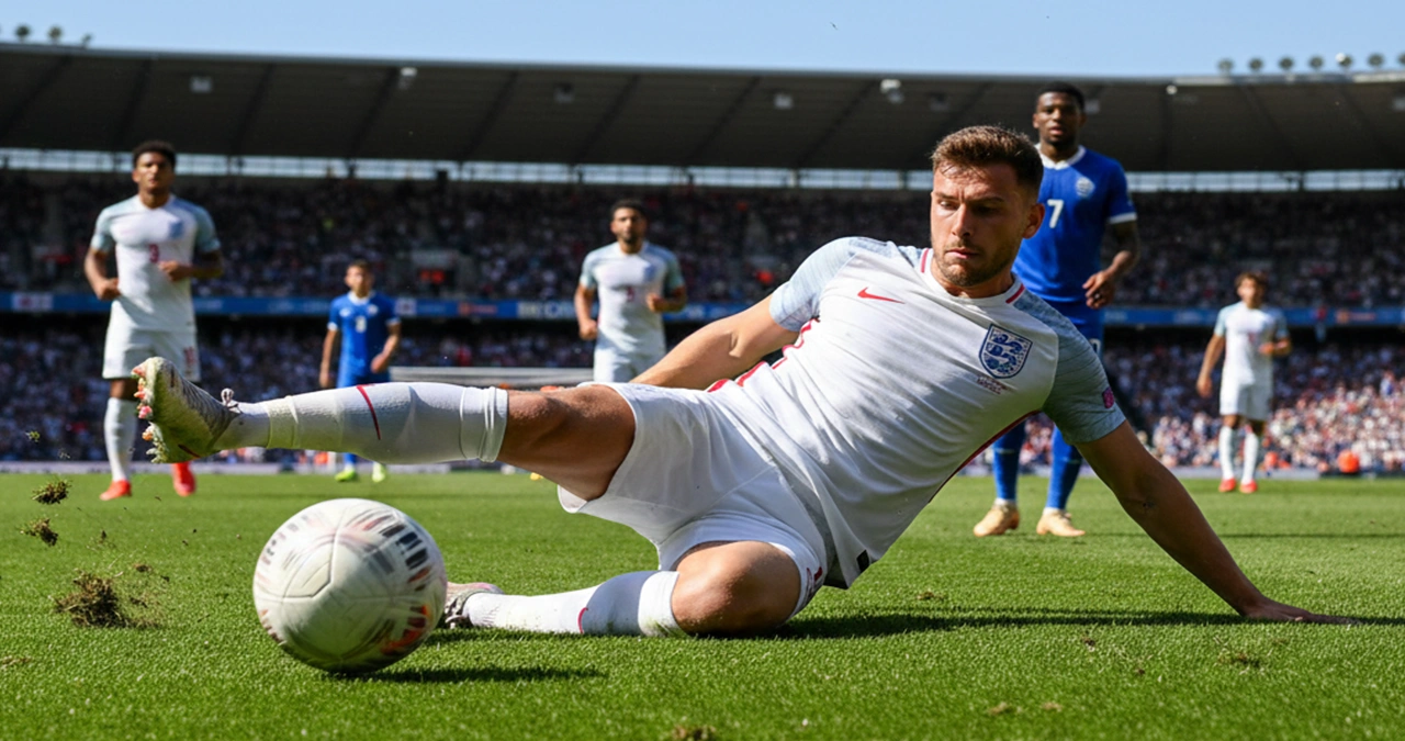Declan Rice onderschept een bal op het middenveld tijdens een internationale wedstrijd