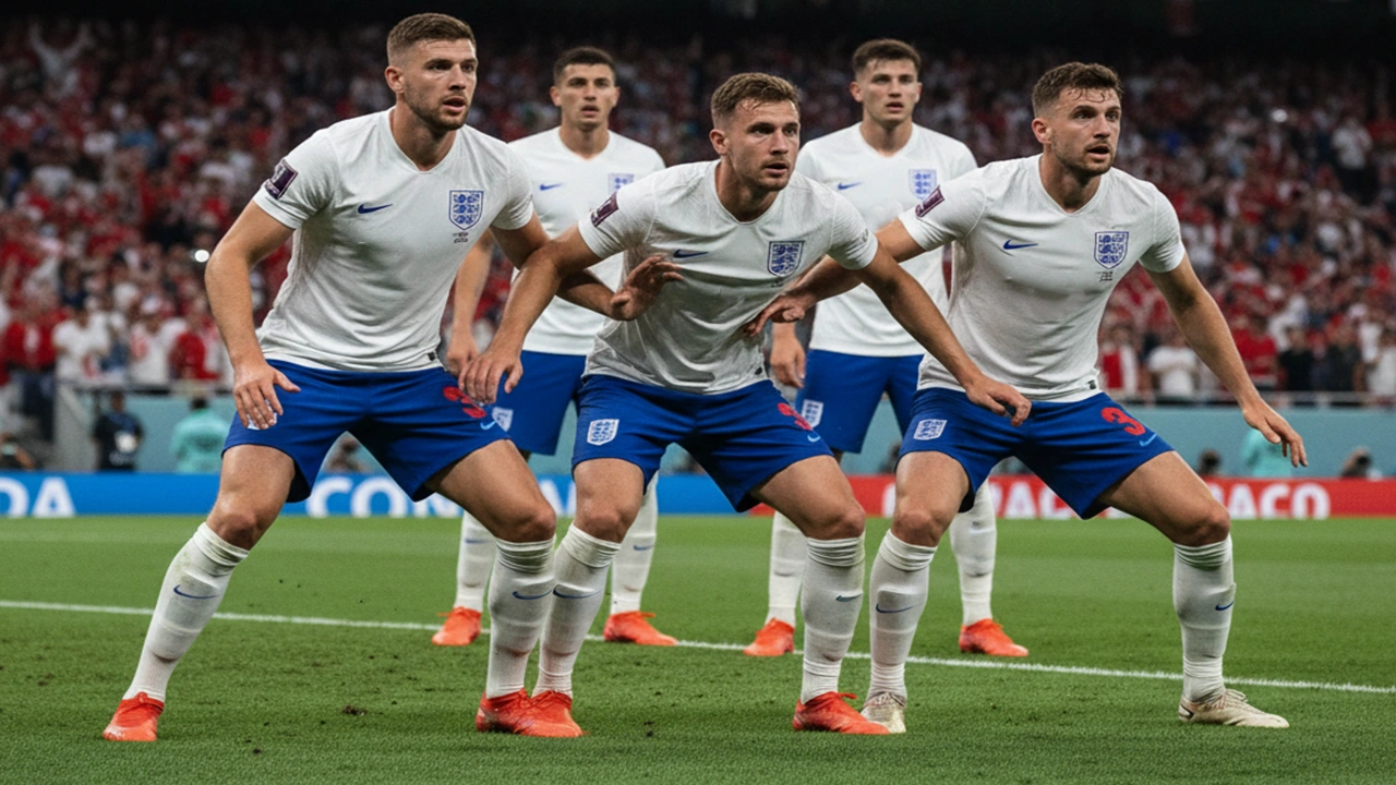 Engelse nationale teamspelers tijdens een knock-outwedstrijd op een groot toernooi