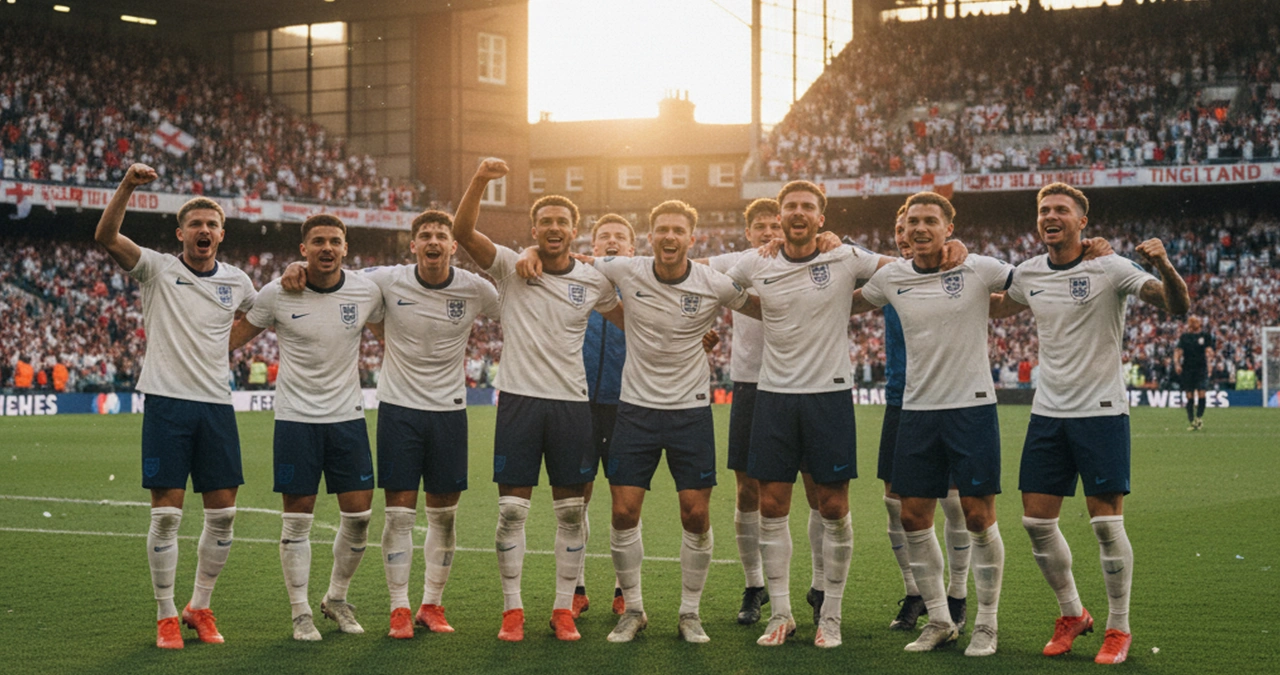 Historisch beeld van Engelse voetballers die een doelpunt vieren in het nationale stadion