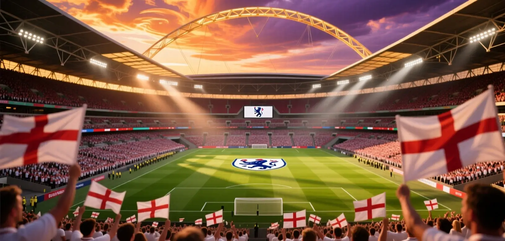 Wembley Stadium vol met Engelse voetbalfans tijdens een interland van het Engels nationaal elftal