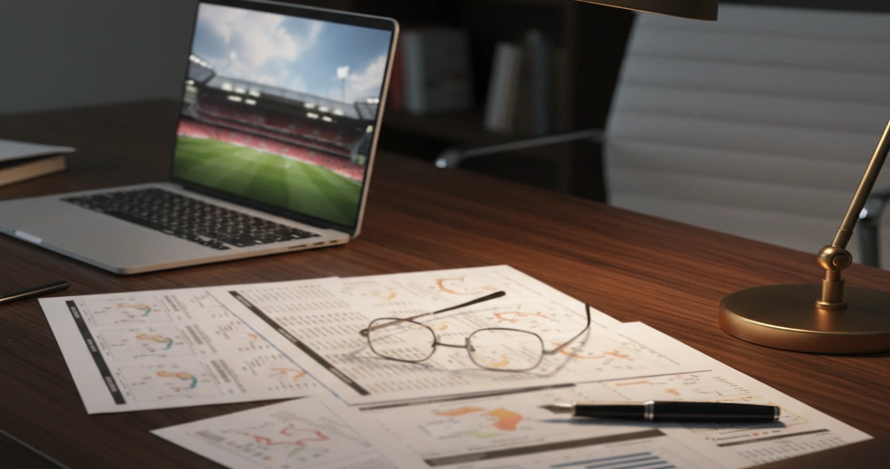 Voetbalstatistieken en analyse op een bureau met Wembley op de achtergrond
