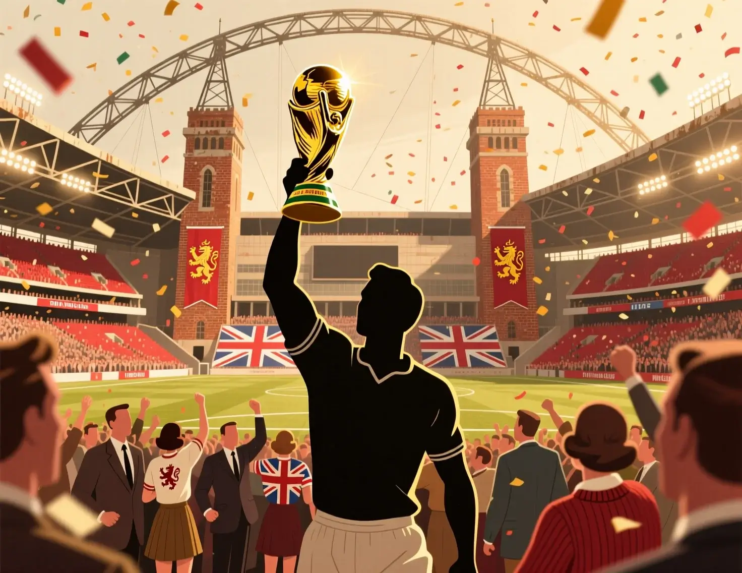 Artistieke illustratie van Engelands WK 1966 overwinning op Wembley - de enige wereldtitel in de Engelse voetbalgeschiedenis
