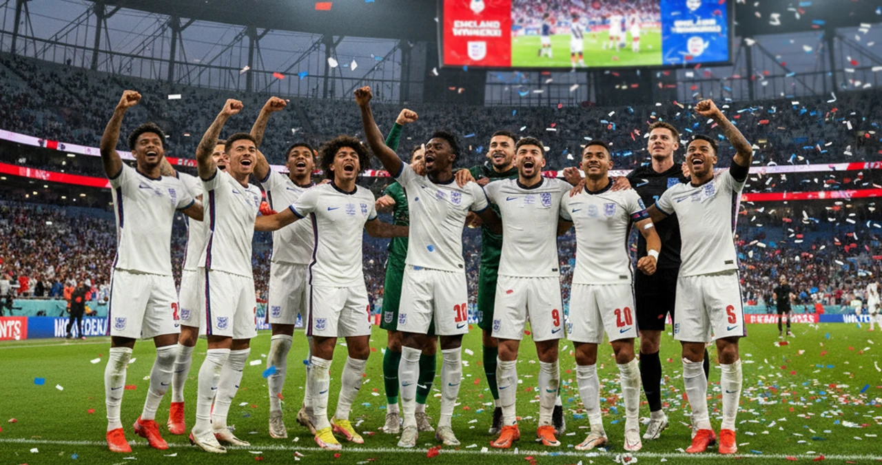 Modern Engels voetbalelftal viert een overwinning op een groot toernooi
